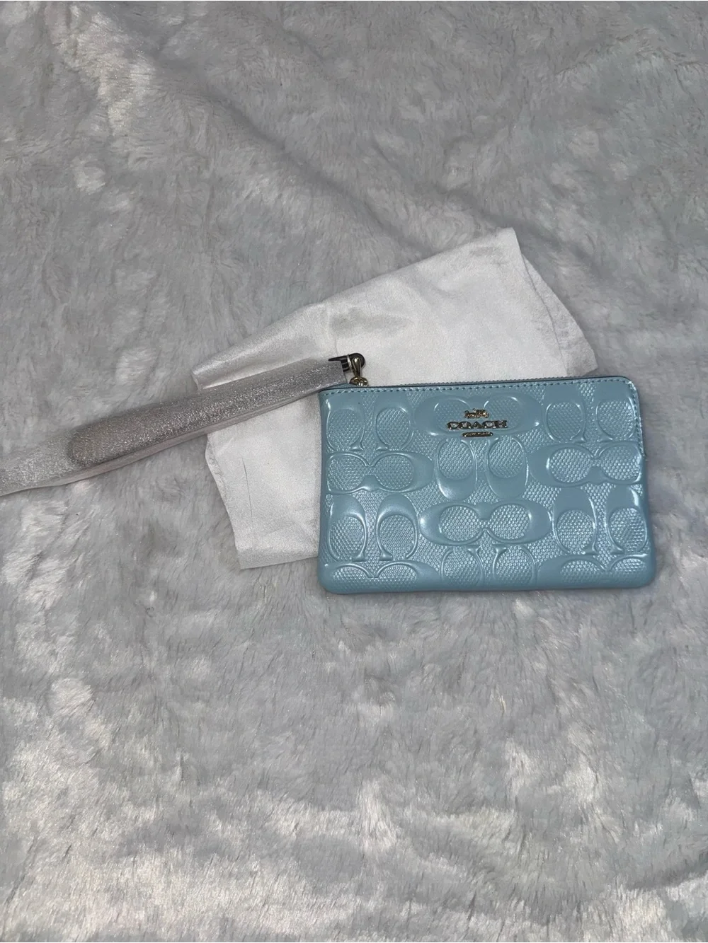 Coach Glossy Signature Patent Wristlet in Light Blue
